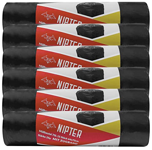 Nipter sacchetti spazzatura 70 litri, Sacchetti per immondizia, Maniglie Autochiudenti, 25 µm, 64x72 cm, nero, 15 Sacchi per rotolo, 24 rotoli