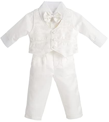 Lito Angels - Completo Abito Bianco da Battesimo per Bimbo, 4 Pezzi Set (Gilet, Camicia, Pantaloni e Papillon), Taglia 18-24 Mesi, Manica Lunga, Avorio
