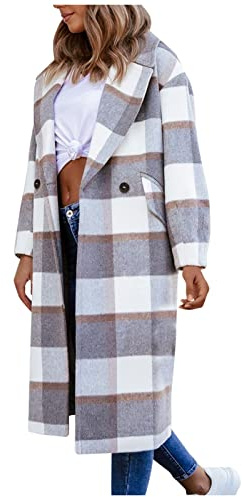 Vasreyy Damen Mantel Winter Warm Button Down Revers Wollmantel mit Taschen Langarm Wolljacke mit Gürtel Elegant Winterjacke Lang Wintermantel Klassische Trenchcoat Einfarbig/Kariertes