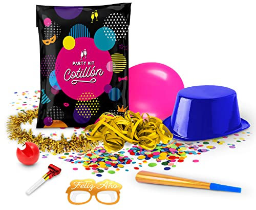 Lote de 3 Bolsas de Cotillón Premium para Nochevieja. Cada Bolsa Contiene 8 Piezas: Globo, Collar, Gafas, Serpentina, Nariz, Sombrero, espantasuegras y Trompeta. Fin de año.
