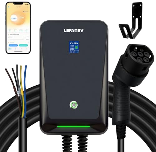 LEFANEV Estación de carga de pared 32 A/22 kW tipo 2 para vehículos eléctricos con gran pantalla, cable de carga tipo 2 de 6,1 m