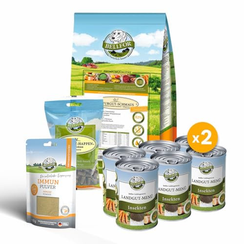 Bellfor Purinarmes Futterset für Hunde – Naturgut-Schmaus Trockenfutter 4 kg + Landgut-Menü Nassfutter 12×400 g + Landgut-Happen 200 g + Immun Pulver 80 g – hypoallergen & getreidefrei