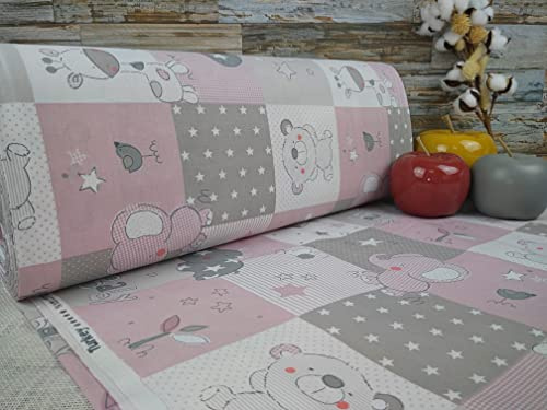 240cm Extrabreit Popeline Baumwolle Stoff Meterware ab 50cm 100% Baumwollstoff Stoffe Bastelstoff ÖKO-TEX Ranforce Kinderstoffe Stoffe Kinder Patch Giraffe Babystoffe Baby Elefant VP0K013 (Rosa/Grau)
