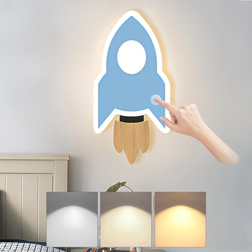 KZT LED Holz Wandleuchte Kinder Wandleuchten mit Touch Schalter Modern Dimmbare Wandlampe Kinderzimmer Rakete Nachtlicht Kreativem Nachttischlampe für Jungen Mädchen Schlafzimmer Wohnzimmer Dekor