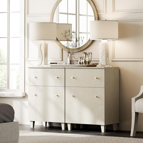 WAMPAT Dresser Chest with 2 Drawers and Doors for Bedroom, 2-in-1 Modern Beige Wood Closet Storage Organizer with Adjustable Shelves for Kids Room, Nursery, 47.2x15.3x32.4