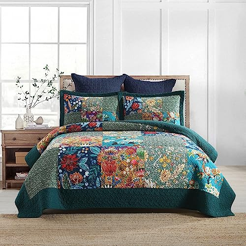 Autumn Dream Cotton Bedspread Quilt Sets Reversible Bedding Coverlet Sets Comforter, Vintage Floral Patchwork Turquoise Bedspread, Queen Size