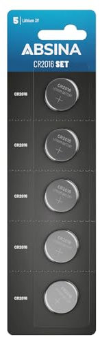 ABSINA CR2016 Knopfzelle 5er Pack - CR 2016 Knopfzelle 3V auslaufsicher & Lange Haltbarkeit - Batterie CR2016 für Autoschlüssel, Küchenwaage UVM - 2016 Lithium Knopfzelle 3V, Knopfbatterie CR2016