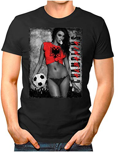 OM3 - Albania-Champions - Herren T-Shirt mit Länderflagge Ländershirt Fan Sexy Girl Frau Fußball Trikot Albanien Vintage Schwarz XL