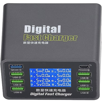 Stazione di Ricarica USB Display Digitale Compatibile Intelligente 100-240 V Caricatore USB Multiplo QC PD per Ufficio per Tablet (Spina UE)