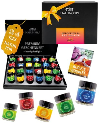 Hallingers Genuss Manufaktur Tee Geschenk-Set - 24 Sorten premium loser Tee Probierset in edler Geschenkbox mit Rezept-Booklet Tee Deluxe Sele..., Geschenkidee für Frauen Männer