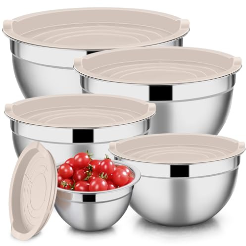 E-far Stainless Steel Mixing Bowls with Lids, 5-Pack Metal Nesting Bowls with Airtight Covers for Cooking, Baking, Serving, Storage, Non-toxic & Dishwasher Safe, Size 4.6/3/1.5/1/0.7QT - Khaki