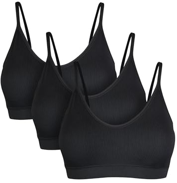 Basic Treasure Set di 3 Reggiseni da Donna Senza Cuciture, Senza Ferretto, con Imbottitura Rimovibile, Senza Cuciture, Imbottito e Morbido Reggiseno, Spaghetti | Nero, S