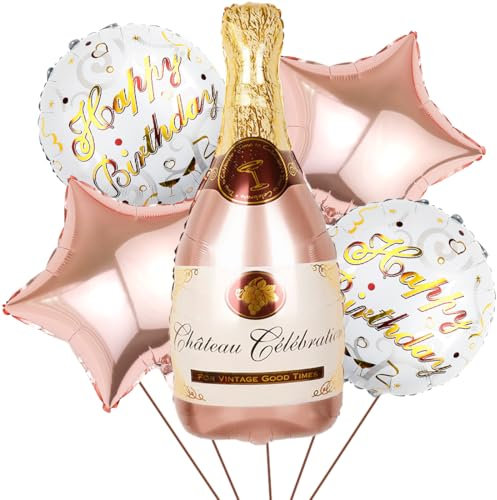 5 Pezzi Palloncini Lamina Champagne, Gigante Palloncini per Bottiglia Vino, XXL Palloncini Bottiglia Di Champagnea, Elio Stella Rosa Palloncini per Anniversario Compleanno Matrimonio Festa Tema Birra