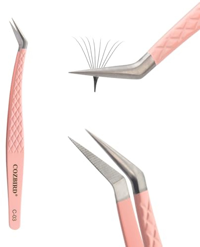 COZBIRD fiberspetsar volym ögonfransförlängningar pincett diamantgrepp hög precision rostfritt stål rosa (C-03)