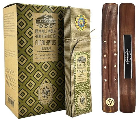 Aromasenses.- Incienso Sahumerio Banjara Eucalipto Ritual Resin - Caja Completa con 8 Cajetillas con 8 Varillas Cada una + 1 Tablilla Aromasenses - Hecho a Mano - 100% Natural y Orgánico (EUCALIPTO)