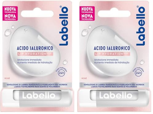 Labello Hyaluronsäure Lip Hydratation Plus Rosé 5.2g, ultraleichter Lippenbalsam, Lip Balm mit Hyaluronsäure für vollgepuffte Lippen, Lippenbalsam für 24 Stunden Feuchtigkeit (Packung mit 2)