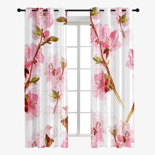 Surwin Tende per Interni 2 Pezzi, Voile con Fiore Motivo, Semi Trasparenti con Occhielli, 3D a Vetro per Camera da Letto, Cucina, Soggiorno (140x213cm, Fiore di Pesco)