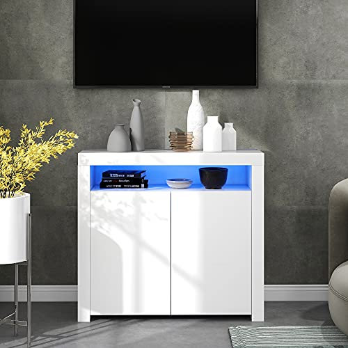Dolamaní Kommode mit 2 Türen, Hochglanz Sideboard Aufbewahrungsschrank, Holz TV-Ständer, Küchenzeile Schrank Buffet Aufbewahrungsvitrine, Weiß (Weiß-2, 108 * 40 * 92 cm)