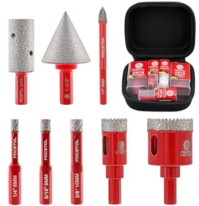 FOCSTOL Diamant Fliesenbohrer Set - 8 Stück (6/8/10/20/35mm+20mm Fingerfräser+35mm Fasenbohrer+6mm Hartmetallbohrer) Diamant Lochsäge Set mit DreikantSchaft für Porzellan Keramik Fliesen Marmor Granit