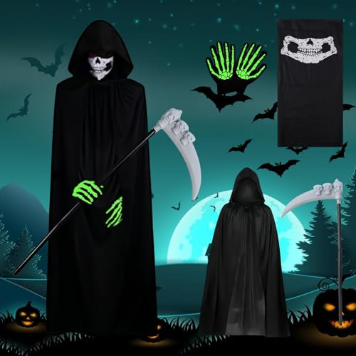 WIYETY Sensenmann Kostüm, Sensenmann Umhang Erwachsene mit Kapuze, Totenkopf Maske, Sense, Leuchtende Skelett Handschuhe, Horror Kostüm Männer und Frauen, für Cosplay Halloween Party