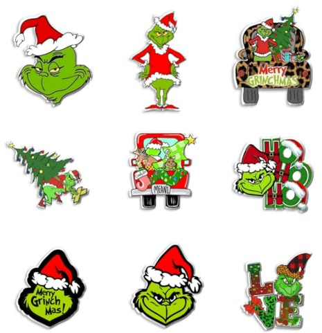 YATOSEN Spilla di Natale con il Grinch, testa a forma di teschio, spilla per Natale, confezione da 9 pezzi, ideale per abbigliamento fai-da-te, pullover, camicia, zaino, cappello