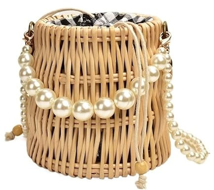 AYKANING Capazo Playa,Bolsos De Mimbre Bolso de Perlas Bolsa de Paja Tejida a Mano para Mujer Ratán Crossbody Bolsos de Hombro Mini Mini Tarde Bolsas de Embrague(Picture 1)