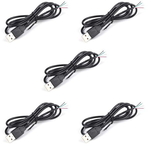 kuosbiu 5Pcs 3.2Ft 28AWG USB 2.0 Male 4Pin Pigtail Cable, 5V 1A USB Type A 4 Core Bare Wire Open End Extension Cable for DIY Repair Cable