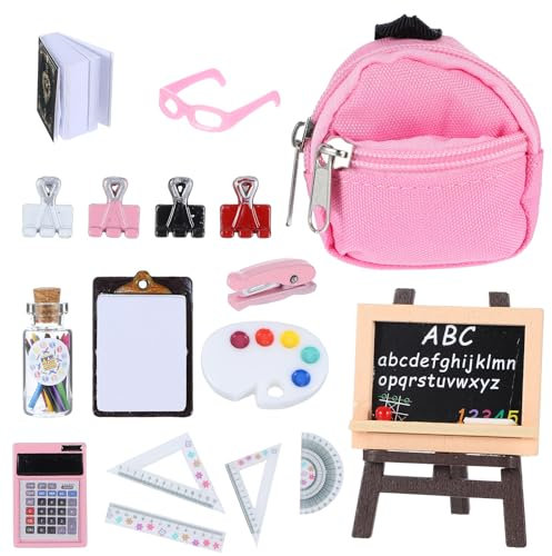 AOZUO 16Pcs Doll School Supplies, Miniature Doll Accessories, 1:12 Scale Mini Glasses Backpack Blackboard Ruler Book Palette Paper Calculator Dollhouse School Supplies Accessory Set for Girls Gift