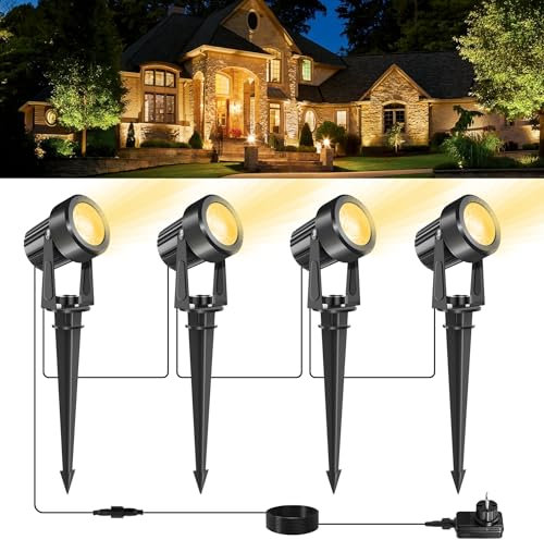 NATPOW Spot LED Extérieur, 4 en 1 3000K Eclairage Exterieur, 12V Lampes de Jardin avec 9M Cordon d'alimentation et Adaptateur, Étanche IP65 Lampe de Jardin Décorative pour Pelouse, Chemin