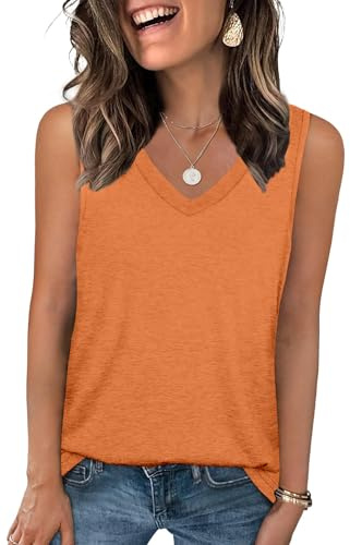 DUOEASE Camisetas Mujer Sin Mangas Cuello en V Tops Mujer Verano Color sólido Ropa Mujer Naranja-M