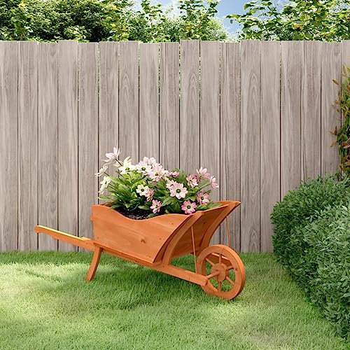 Cinyiqo Wheelbarrow Planter 128x45.5x43 cm Solid Wood Fir-Wooden Wheelbarrow Planter for Garden Outdoor Patio Summer Cart