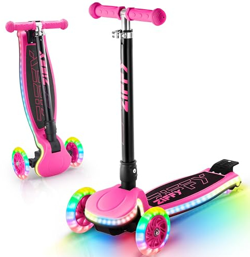 ZIFFY Kinder-Scooter für Jungen und Mädchen im Alter von 3–12 Jahren – mit LED-Leuchträdern, 4 höhenverstellbaren Lenkern und Lean-to-Steer-Design mit rutschfestem breitem Deck für Stabilität – bis zu