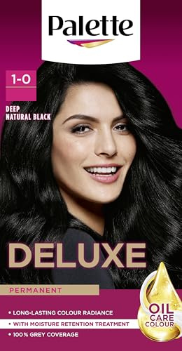 Palette Deluxe Creme Colouration 1-0 Deep Natural Black Hair Dye, Permanent Hair Dye, Long-Lasting Hair Colouring with Moisture Retention Treatment and 100% Grey Coverage