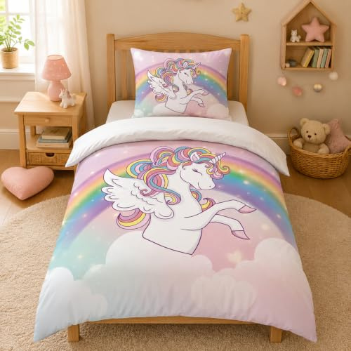 Caregchrisj Bettwäsche Kinder 135x200 Mädchen Einhorn Bettbezug und Kissenbezug 80X80cm für Kinder, Regenbogen Einhorn Motiv Kinderbettwäsche mit Reißverschluss
