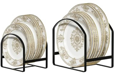 2 Stück Küchen-Tellerhalter für Schrank, platzsparend, Geschirrteller, Aufbewahrungsregal, aufrechtes Abtropfgestell, Metall-Tellerständer für Schrank und Arbeitsplatte, 1 x groß, 1 x klein, schwarz