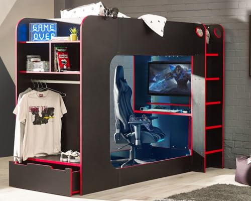 happybeds Gaming Bunk Bed, Impact Black and Red Wooden Gaming Bunk Bed (Black and Red, 3FT - Frame Only)