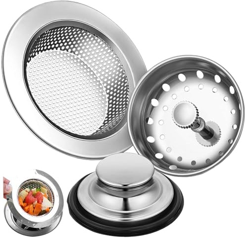 Obelunrp Kitchen Sink Drain Strainer, 3 in 1 Stainless Steel Anti-Clogging Stopper Drainer Set, Kitchen Sink Stopper, Universal Kitchen Sink Plug for Kitchen Sinks, Bathroom Sinks