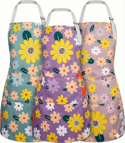 FeiOne 3 Stück Schürze Damen Blumenschürzen mit Grossen Taschen – wasserdichte & verstellbare Kochschürzen für Damen im Garten, Küche und Salon, Mehrfunktionale Schürzen mit Blumenmuster
