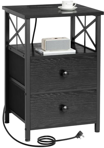 AMHANCIBLE Bedside Table, Side Table with Charging Station, Bedside Cabinet with 2 Fabric Storage Drawers, Sofa Side Table for Small Spaces, Nightstand, End Table for Living Room, Bedroom HET05XBK-1
