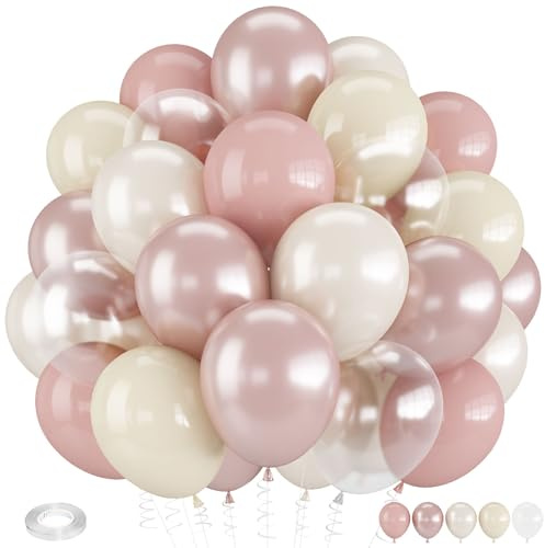 Froova Dusty Pink Balloons, 50 PCS 12 Inch Double Stuffed Blush Pale Light Pink and Pearl Balloon Clear Balloon for Women Girls Baby Shower Bridal Shower Wedding Boho Birthday Party Decorations