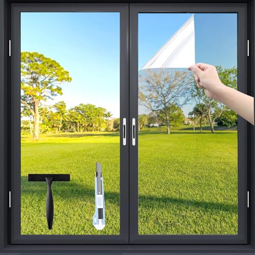 Fensfolie Film de protection solaire anti-UV pour fenêtre intérieure ou extérieure, protection solaire, sans résidus, thermique, contre la chaleur, film miroir, brise-vue, argenté (90 x 400 cm)
