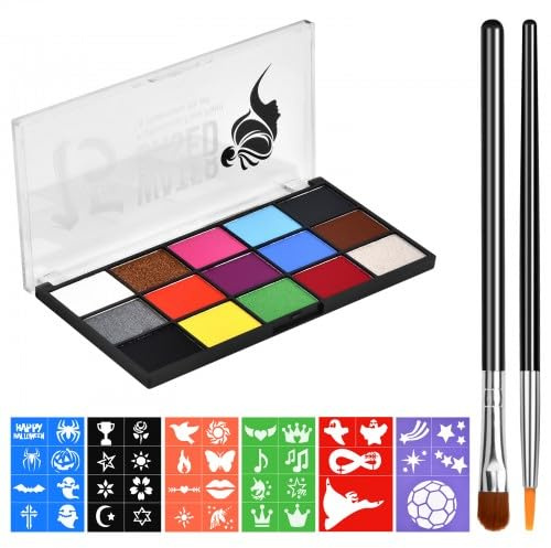 Focenat 15 Couleurs Peinture Corporelle pour Le Visage, Palette Maquillage Enfant, Palette de Maquillage pour Enfants et Adultes avec 4 Pinceaux et 6 PCS Pochoirs, pour Halloween, Noël, Carnaval