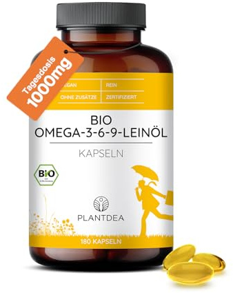 PlantDEA Bio Omega-3-6-9-Leinöl Kapseln I 180 Vegan Softgels I 1000mg I 180 Omega-3-Kapseln hochdosiert I laborgeprüft I Omega-3 Pulver I veganes Omega-3-6-9-Leinöl-Präparat I Ohne Zusätze
