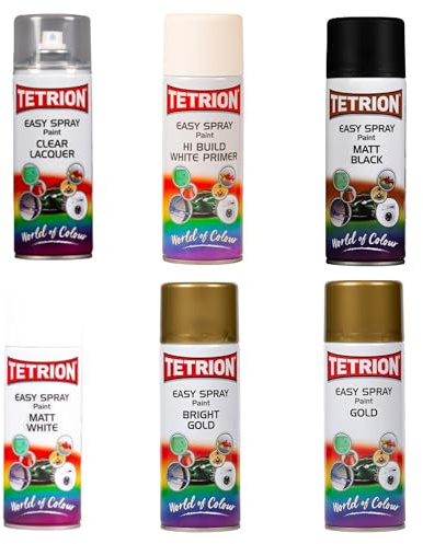 Tetrion Easy Spray Golds & Essential Finishes Spray Paints Multipack, 6x400ml – Golds, Clear Lacquer, Hi-Build White Primer, Matt Black & White For Metal, Wood, Ceramic & Plastic DIY & Craft Use