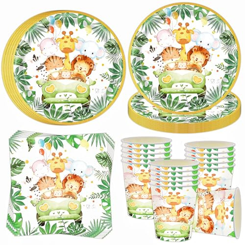 Vaisselle de fête Safari pour 16 invités, 52 assiettes de fête d'anniversaire jungle, safari, animaux, assiettes en carton, gobelets, serviettes, décoration pour garçons et filles, anniversaire