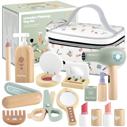 GAGAKU Wooden Makeup Toy Set for Toddlers 3-8, Pretend Play Makeup Kit with 16 Realistic Accessories Including Lipstick, Perfume & Mirror, Ideal Kids Dress-Up Gift for Girls Ages 3-5