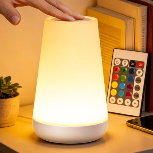 Ledivion Night Light, LED Touch Bedside Table Lamp, 13 RGB Colours Changing, 5 Brightness Level Switch, Timing Function, Rechargable Remote Control Dimmable Light for Bedroom, Living Room, White