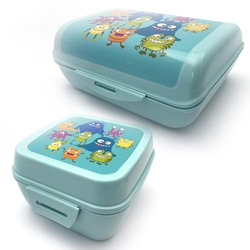 Fackelmann Set 2 Lunch Box Contenitori Alimentari per Bambini con Chiusura a Clip, Portapranzo in Plastica BPA-Free con Design Mostrini, Lavabile in Lavastoviglie e Sicuro per gli Alimenti