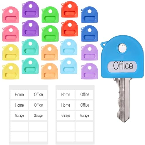 Nogeqi 20 Pcs Key Covers Caps 1 Key Color Identifiers with Labels Soft Stretchy Keys Label Tags Cute 0.9-1.05 Inch for House Keys Markers Tags Heads Protectors