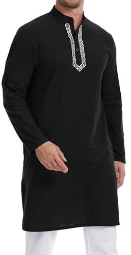YAOHUOLE Muslim Men Clothes Kurta Pajama Style Thobe Traditional Wear Black XL